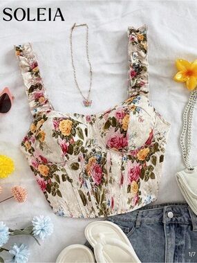 Cream Floral Bustier Crop Top with Rose Print